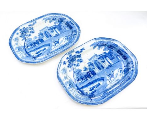 Pair of marked Rogers pottery, blue and white meat plates, circa 1830. In the camel pattern.