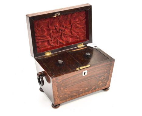 A Georgian twin caddy with walnut flower design inlay, mother of pearl key detailing, supported on four bun feet, handles to 