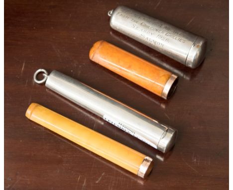 Two silver cased cheroot holders, butterscotch amber with 9ct rose gold mounts, Birmingham 1911 and 1924 