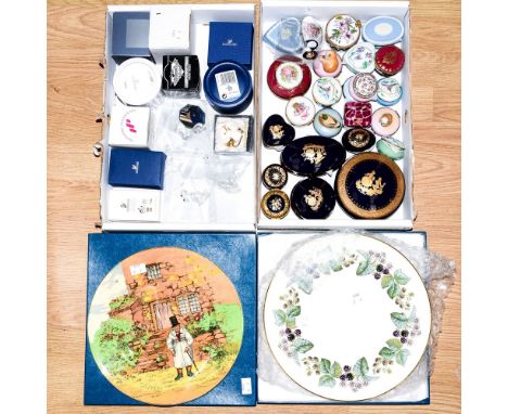 One box of Limoges trinket boxes; together with one box of Swarovski miniature crystal items, etc, a Royal Worcester cake sta