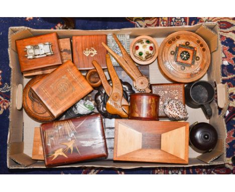 A box of treen to include mother of pearl, inlaid examples, lacquer ware , tea caddy etc