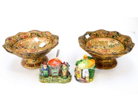 A Marutomo ware Japanese conserve pot and cover painted cottage/garden scene, together with a 1920s Japanese three piece crue