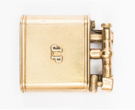 A 9ct gold Dunhill cigarette lighter, flint action, engine turned body with intials J.P, hallmarked 1946, gross weight approx