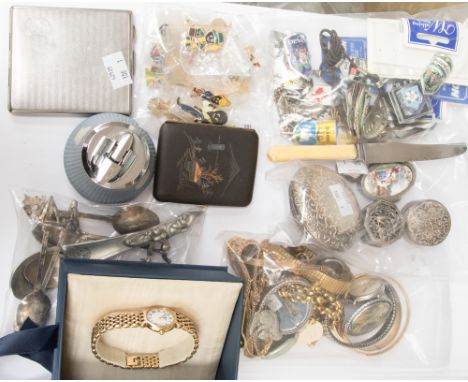 A collection of silver and white metal  pill boxes, gilt and white metal costume jewellery including brooches chains and watc