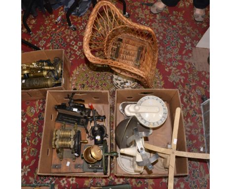 A Spong coffee grinder, Birch leaf coffee grinder, two vintage crimping machines, two Salter balance scales, set of vintage t
