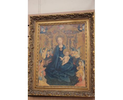 A religious print on canvas the Virgin with Jesus with highlighted flowers etc 