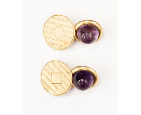 A pair of amethyst 14ct yellow gold cufflinks, cabochon cut rub over set amethyst and engine turned blank cartouche plates, I