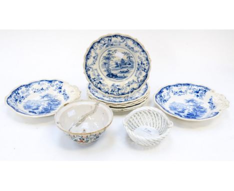 A possibly Chinese 18th Century bowl (very restored) early 19th blue and white plates and sewing dishes, Knighton (Elgin) and