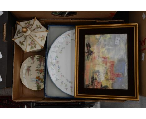 A Japanese Satsuma ware pot with lid; together with Satsuma ware dish, Coalport plaque of Worcester Cathedral and two Royal W