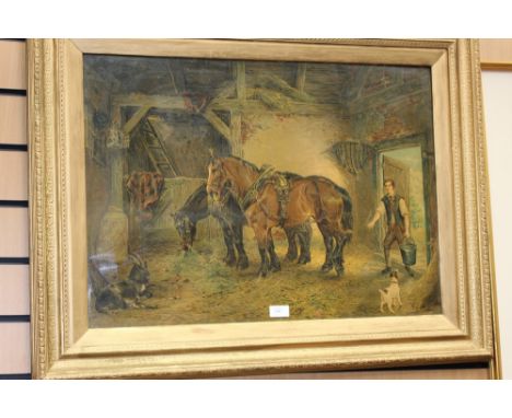 A Victorian print 'Horses in Stable' gilt frame