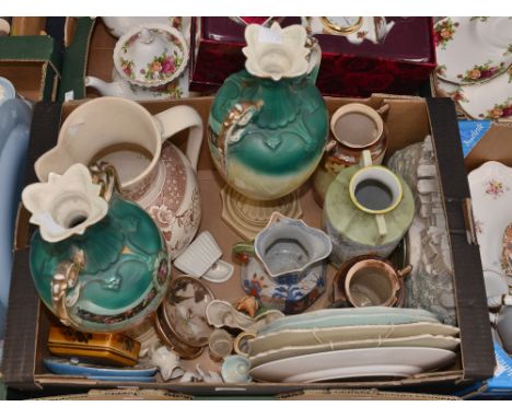 A 19th Century stone china water jug, Noritake vase, pair of Victorian vases, quantity of decorative plates, a 1935 Commemora