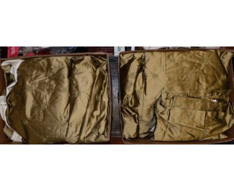  A collection of gold silk curtains, interlined and lined, comprising two full length, two half length curtains; together wit