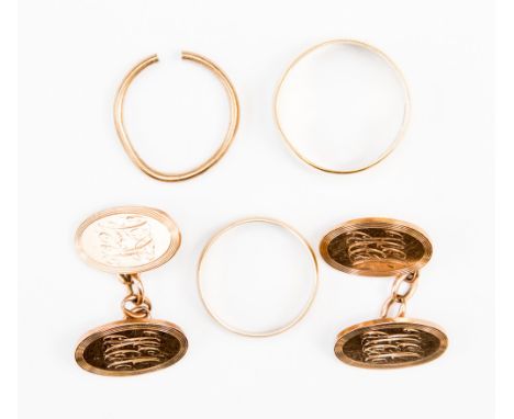 A pair of 9ct rose gold cufflinks, with two 9ct gold wedding bands and a broken 9ct gold ring, total weight approx 23.4 grams