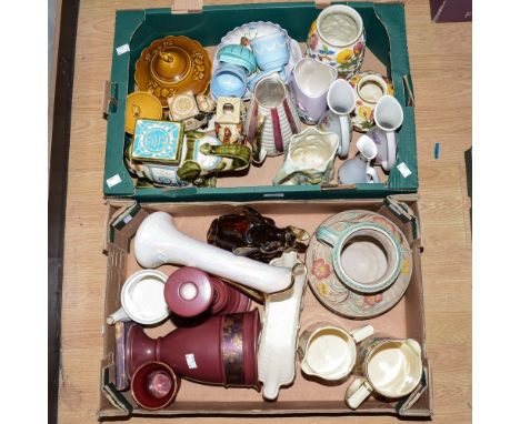 Two boxes of assorted ceramics including Copeland, Radford, Woods, etc and Murano elephant 