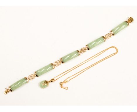 A 9ct gold and jadite pendant with chain, along with bracelet with Chinese designs, four alternate jade bars, total combined 