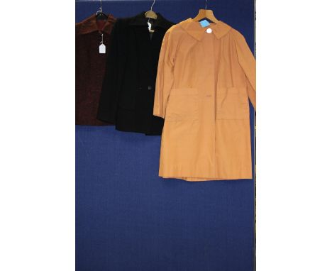 A black Karl Lagerfeld ladies jacket, US size 10; together with a 1950s sandy orange coloured smock coat with three buttons, 