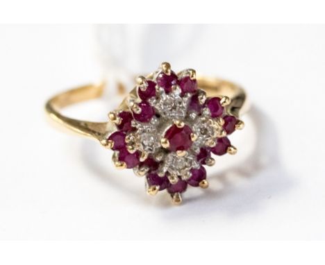 A diamond and ruby fancy cluster ring, in 9ct gold, size P, with a total gross weight approx 3.0gms  