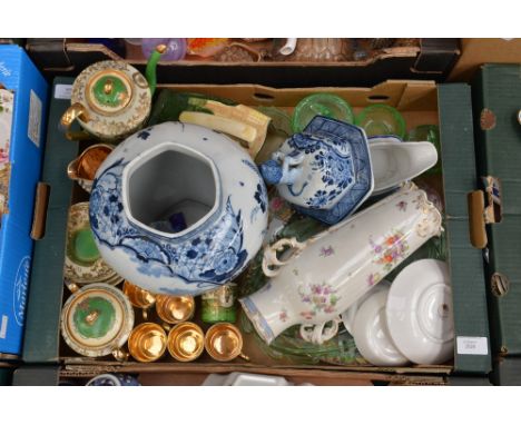 Green pressed glass dressing table set, large Delph jar and cover with lion finial, green Noritake style coffee set, dresden 