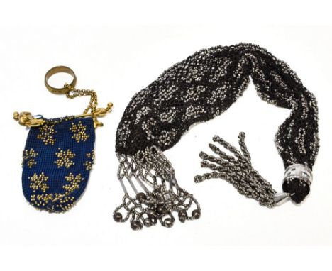 Two 19th century beadwork purses, one is incorporating French gilt metal stitch holders and ring, the other a 'Jews' purse wi