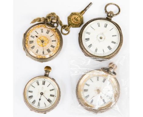 A group of four silver ladies pocket watches, half hunters, white enamel dials, some with gold details and foliate designs a/