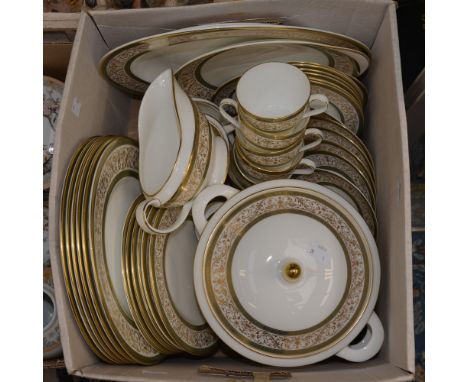 Part Minton Aragon pattern dinner and tea set including trios, dinner, side and dessert plates, milk, sugar, etc (one box) 