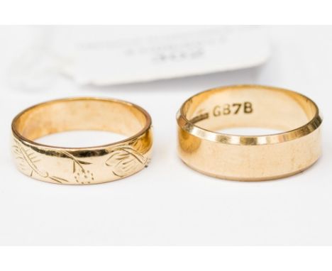 A 9ct gold floral and insect engraved band, approx 5 mm, ring size S; together with a 9ct gold faceted wedding band, approx 7