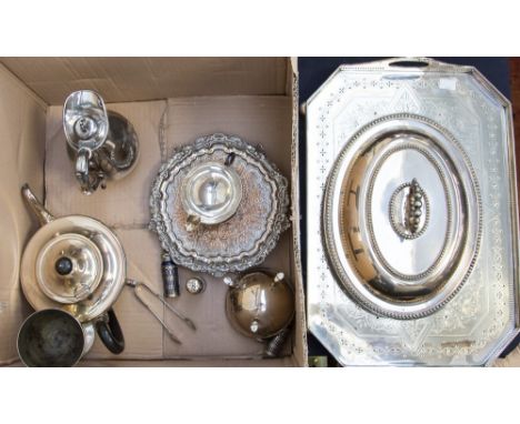 A silver muffin tin lid initialed to the front C.E.S and L.E.S 1910-1930, along with A  Walker and Hall EPNS galleried tray w