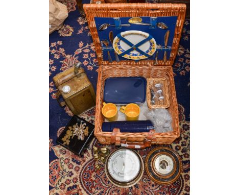 A contemporary picnic basket; along with a paraffin can and brass cased barometer; together with a small lacquered box and se