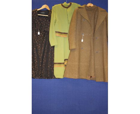 One khaki brown coloured coat (tear under arm) made by J.Peters in the 1960s with matching dress in khaki with rolled collar,