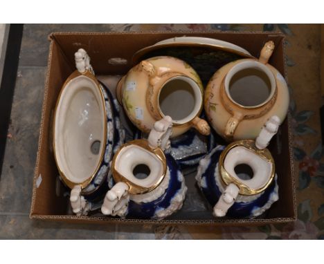 A pair of Italian majolica pedestal vases, with matching oval vase, along with a trinket dish and cover, Italian tray, etc. (