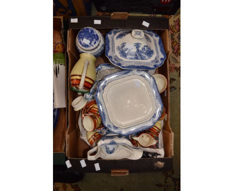 Blue and white part dinner service, to include meat plate, tureens and covers, gravy boat ladle, together with a ginger jar a