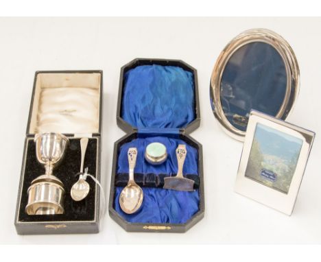 A George V Christening set including egg cup, napkin ring and spoon, Birmingham 1936 (boxed) and a selection of silver includ