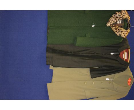 A lovatt green crimplene dress and jacket, made by Lerose in the 1960s, a dark green coat with sheepskin collar by Dereta, an