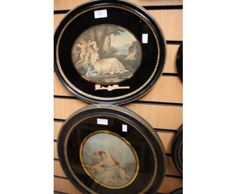 A pair of early Victorian Lithograph 'Vupid Binding Aglaia' and another, framed in the 1840s with black and gilt and black gl