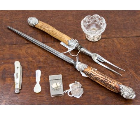 A mixed lot to include silver ARP badge, vesta, cut glass salt on silver stand, mother of pearl spoon and penknife; together 