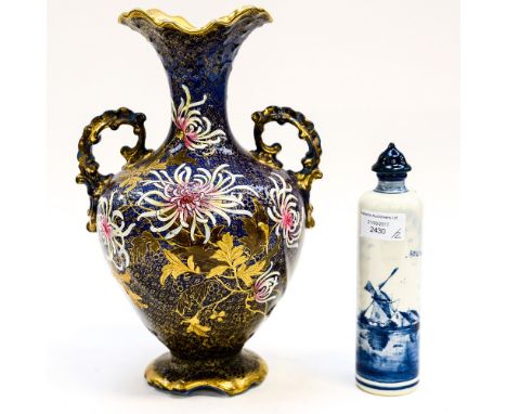 A 19th century Brownfields Vase with enamel honeysuckle flowers etc, blueground, together with a Delft Gin bottle (2)