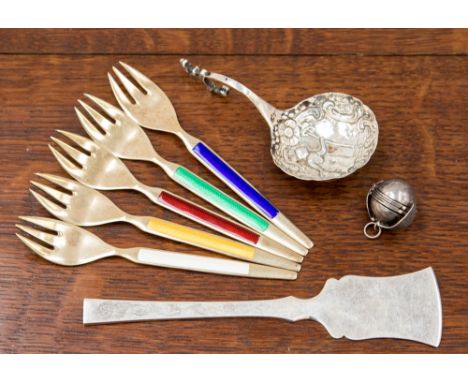 Five Danish silver gilt forks with enamelled, engine turned inserts; together with white metal caddy spoon, circa 1900 and si