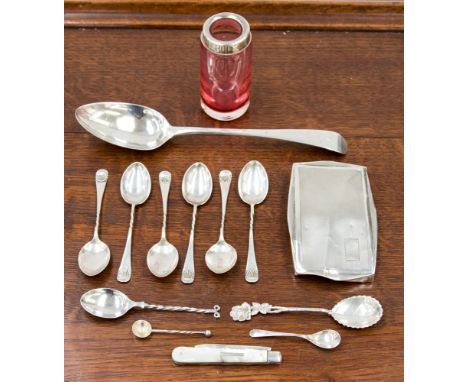 A group of silver spoons including a Peter and Ann Bateman tablespoon, London 1796 and tea spoons, with a broken silver cigar