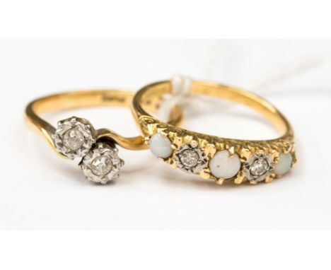 An 18ct gold, opal and diamond ring, size N,  together with a two stone diamond and 18ct gold ring, size M1/2, with a combine