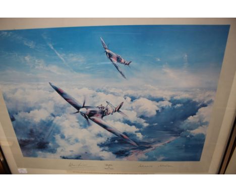 Robert Taylor, Spitfire, colour print, signed by Bader and Johnnie Johnson, framed 