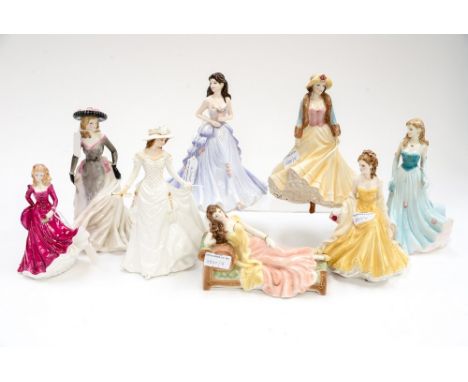 A collection of eight ceramic figures to include, Royal Worcester Memories, Celebration, Summer Regatta, Ladies Day, Golden W
