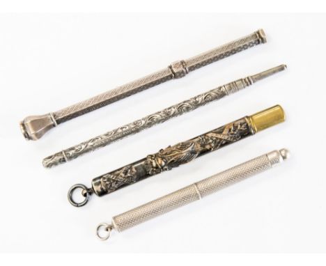 Two Sampson Mordan silver propelling pencils, both signed; together with a swizzle stick and cased pencil (4) 