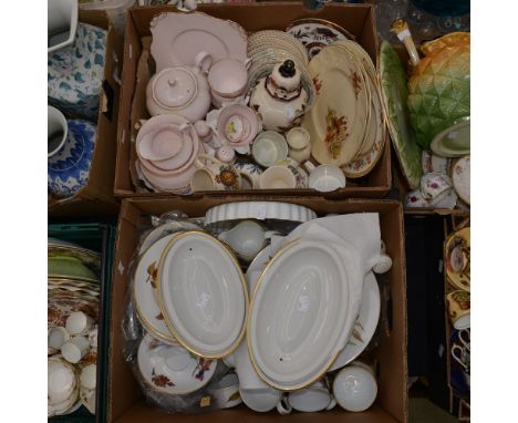 A box of Royal Worcester Evesham part dinner and dinner wares with a Tuscan china part tea wares, Masons Ironstone, Wedgwood,