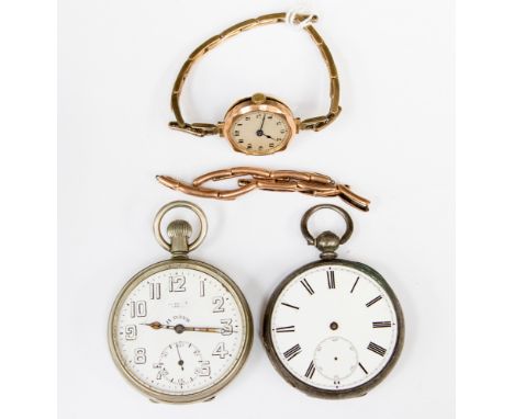 A circa 1920's ladies 9ct gold wristwatch, together with two pocket watches (3)