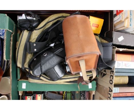 A group of cameras and accessories, including lenses, tripod, etc cased Pentax, AGFA etc (one box) 