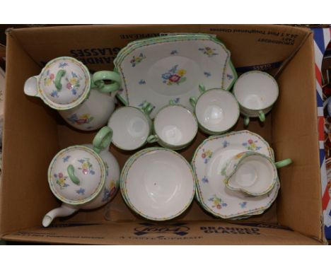 A Shelley wild flowers 12631 tea service comprising teapot, hot water pot, milk jug, sugar bowl, two serving plates, tea plat