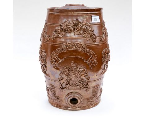 A Stoneware  Wine/ Gin Barrel embossed with  Grape vines, a coat of arms , Lions and horses with riders in armoury, date  cir