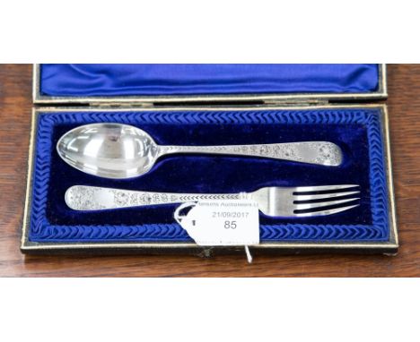 A cased set of spoon and fork, Sheffield 1906, with engraved shafts