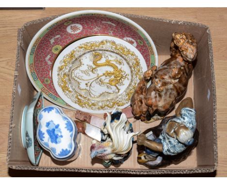 Three carved Chinese hardstone seals, Chinese porcelain including camel figure, fishes, plates, jar and cover etc (1 box)