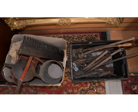 A box of tools with a seed spreader, a small milk pail etc (2 boxes) 